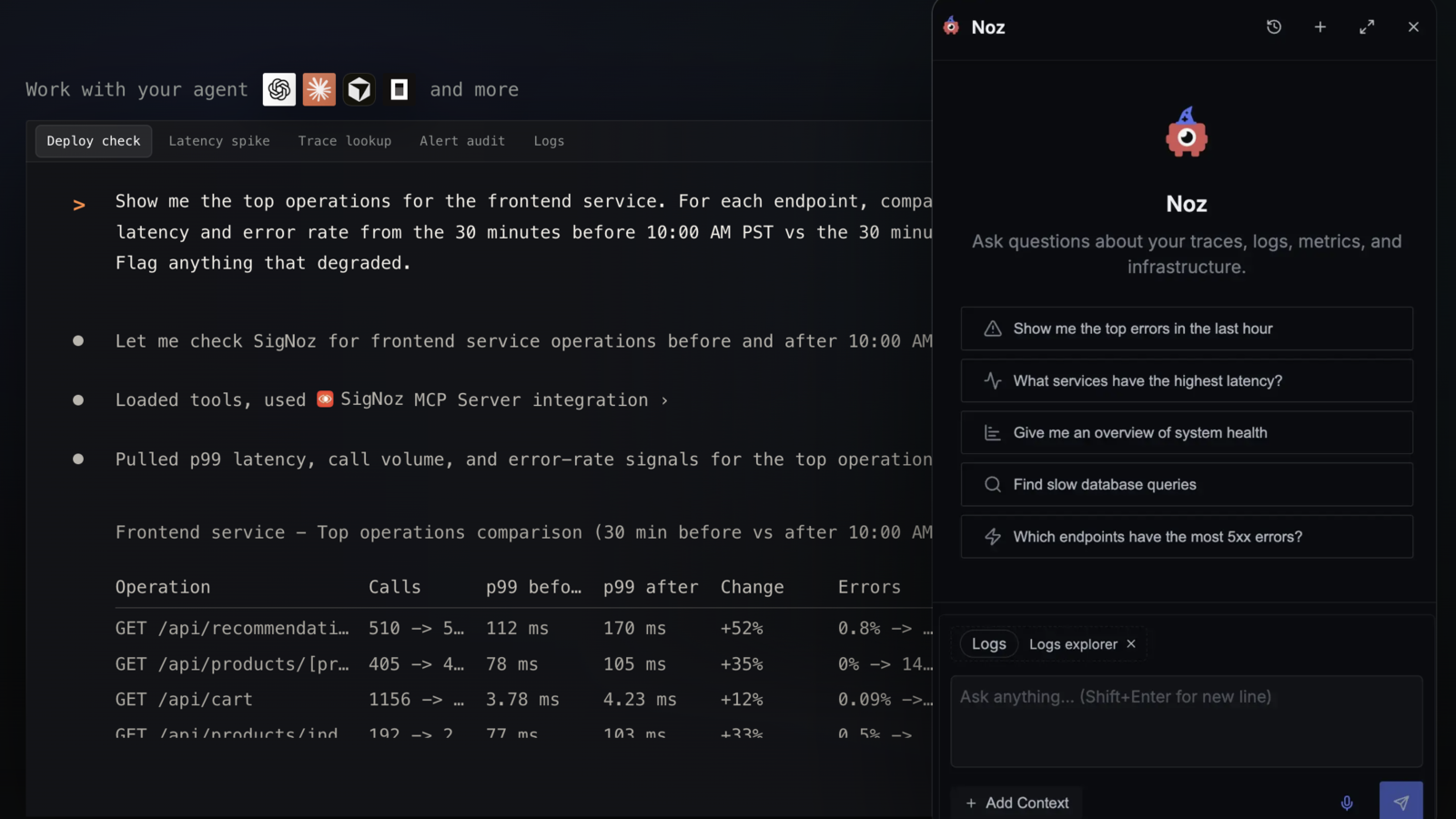 SigNoz Noz interface alongside MCP-powered agent workflow