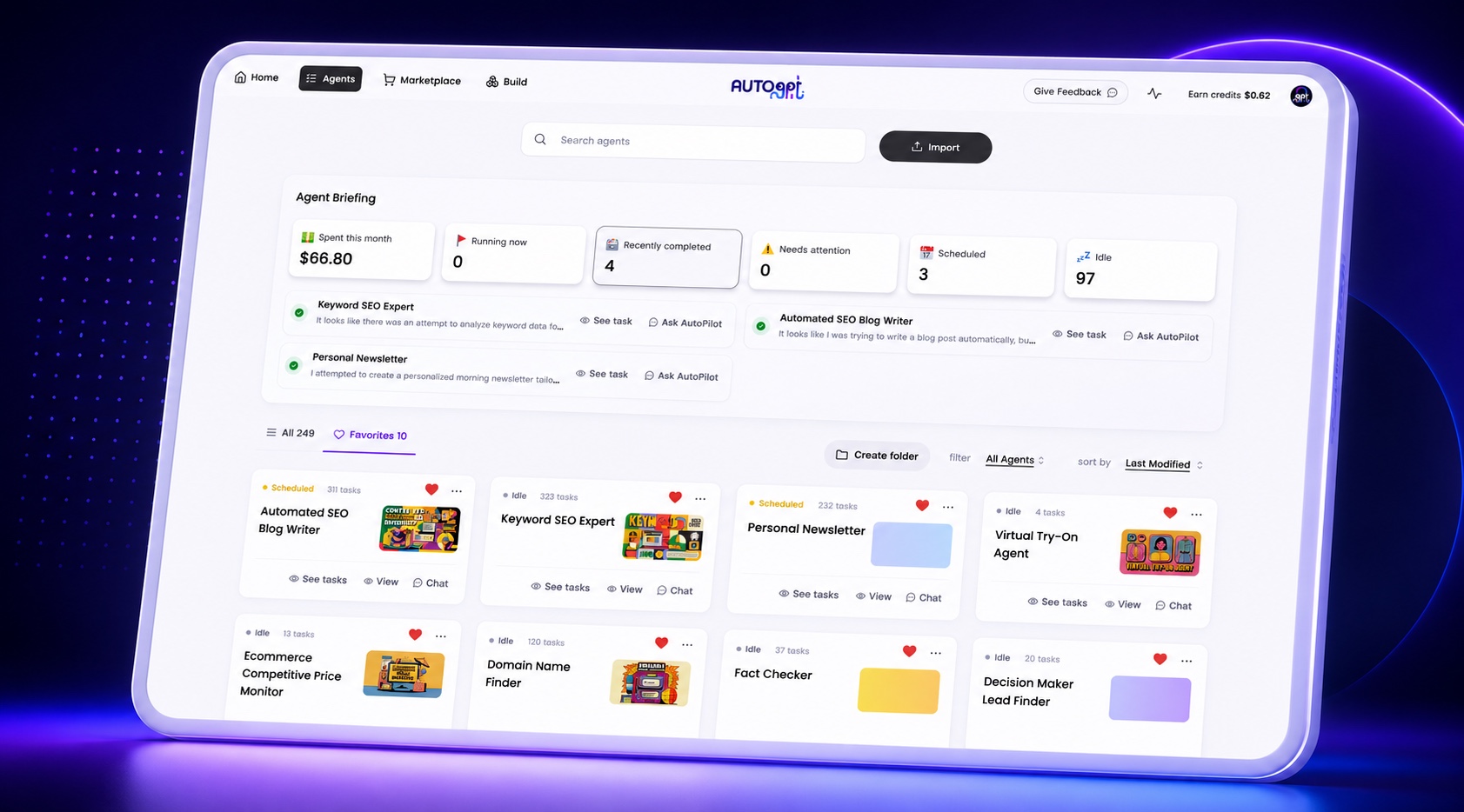 Agents dashboard showing statuses, runs, and costs