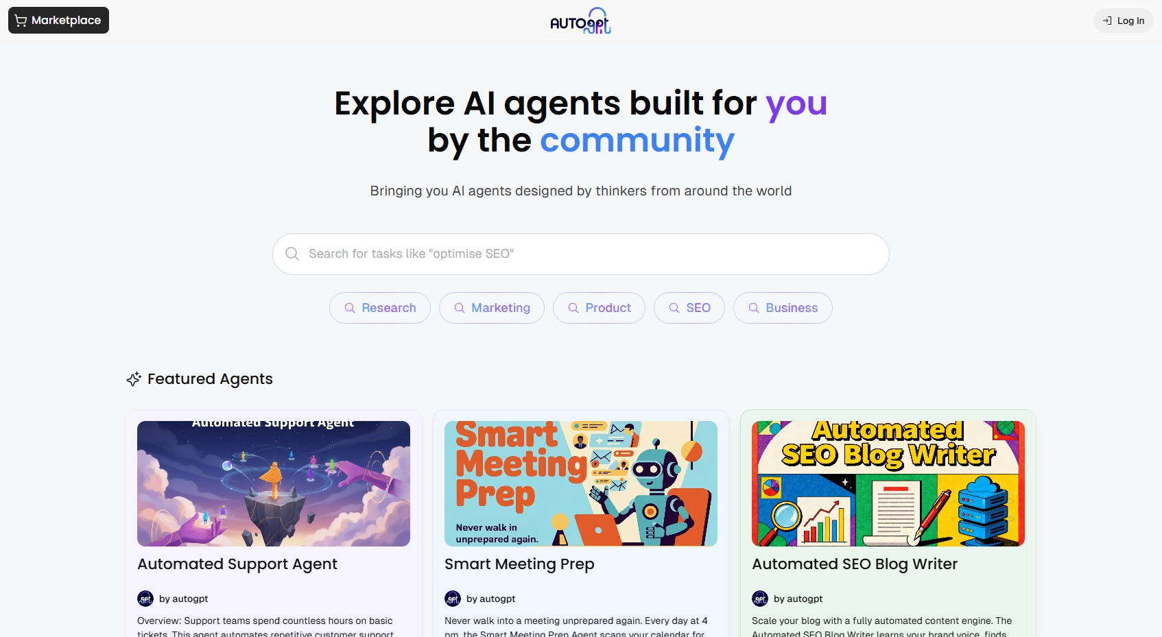 AutoGPT Marketplace showing ready-made community agents