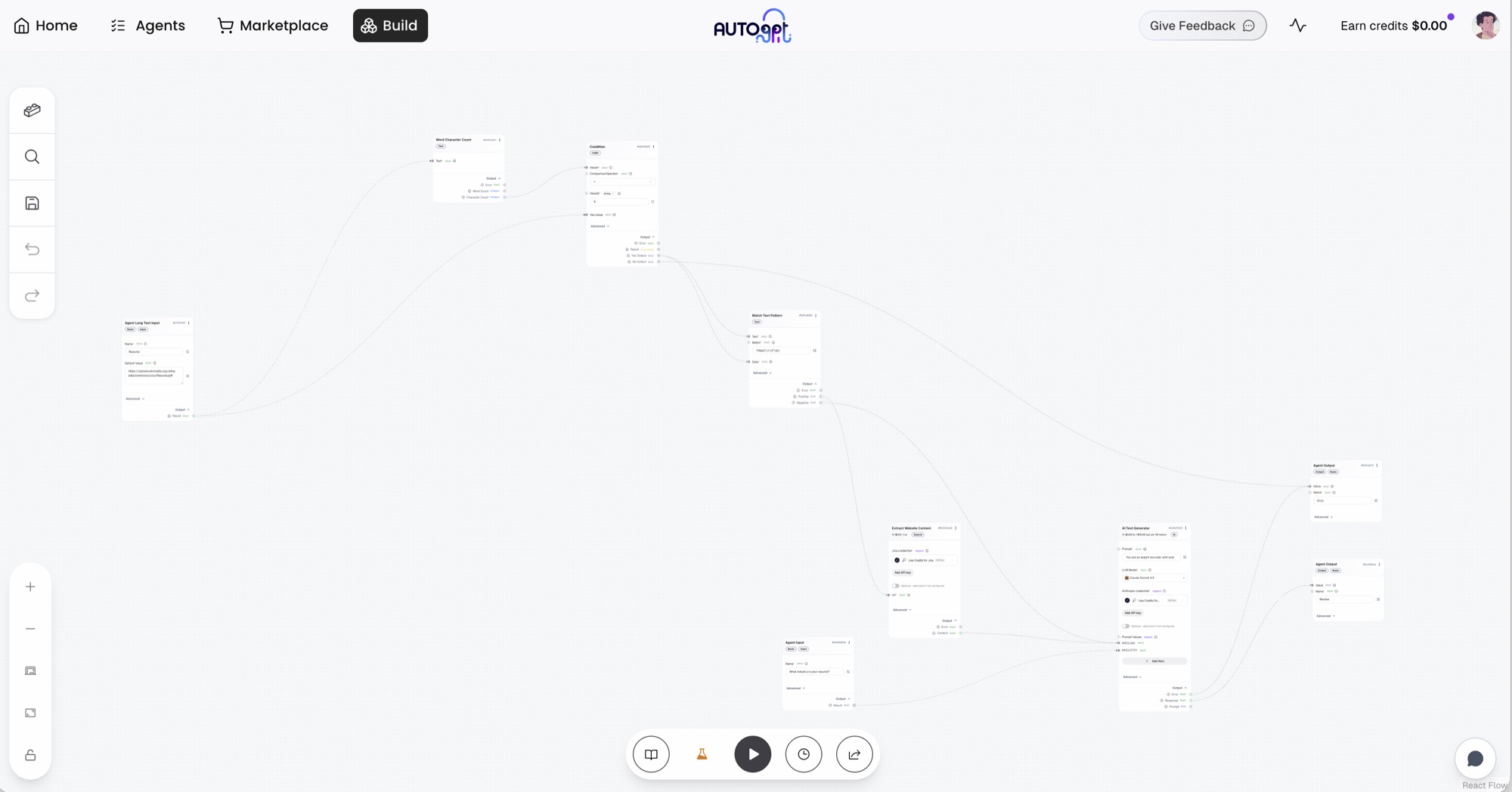 The AutoGPT Build canvas showing a real agent workflow