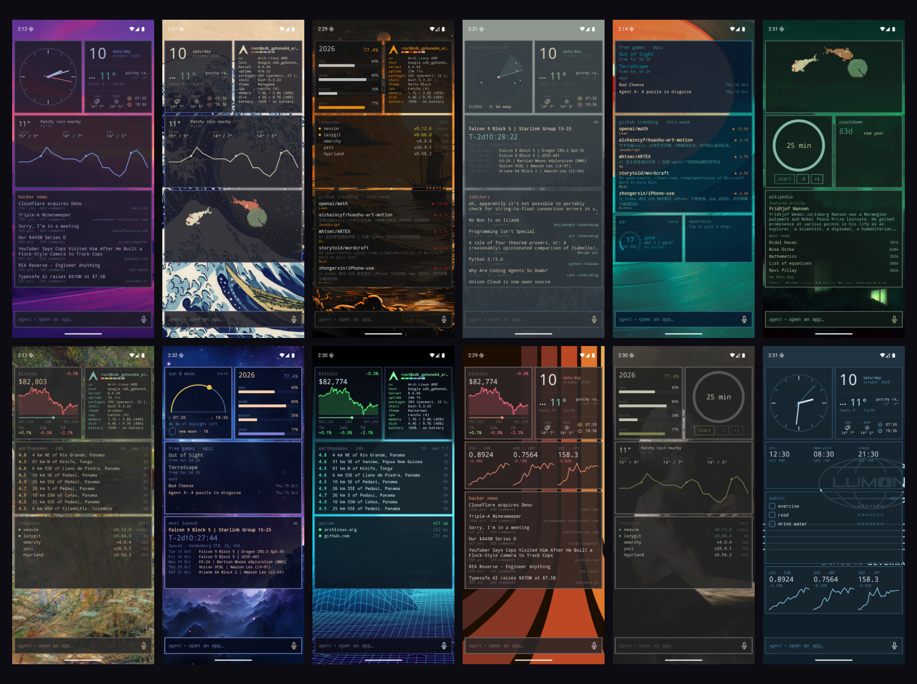 The home screen in twelve Omarchy themes, each with different widgets