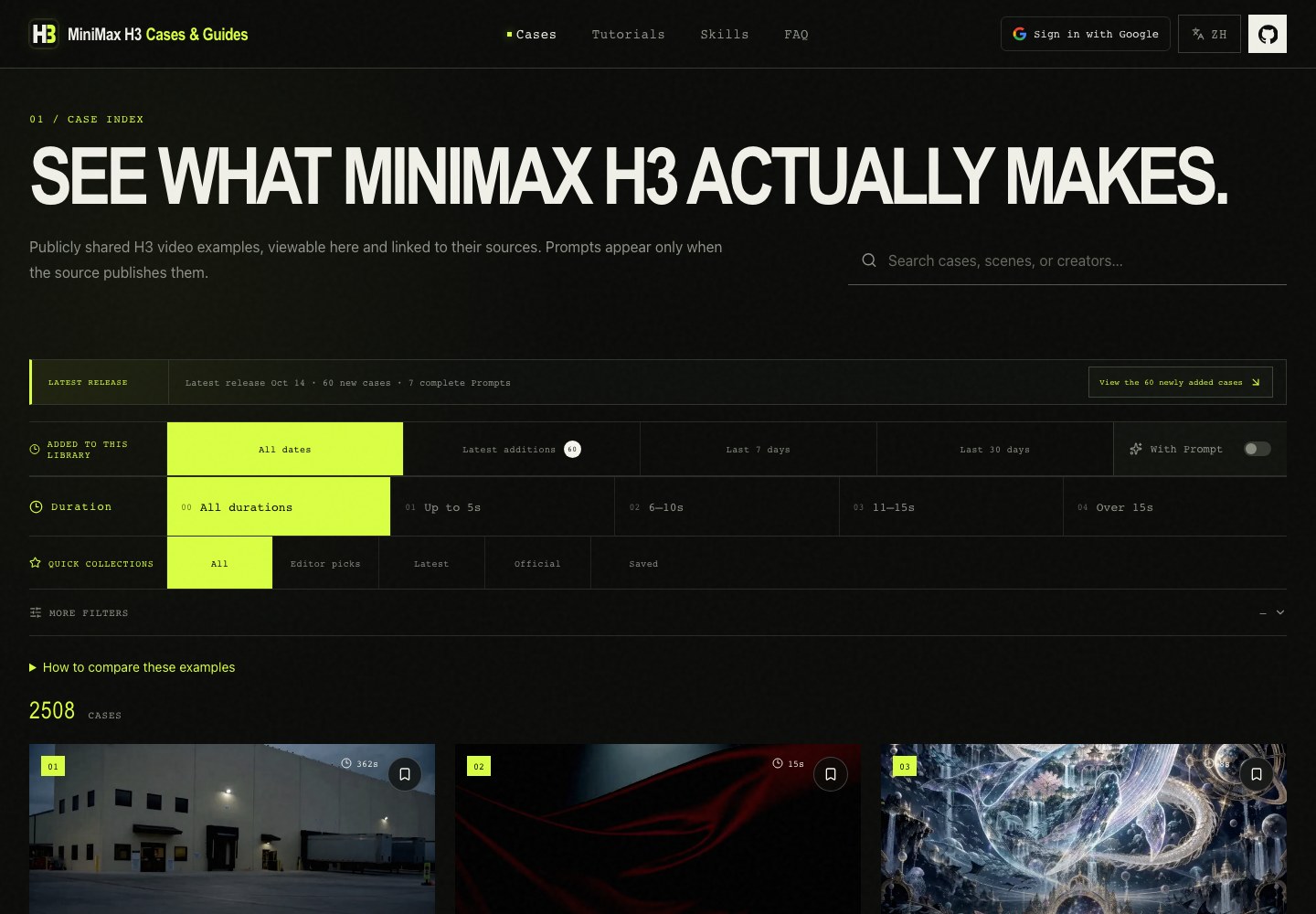 MiniMax H3 latest-release strip with added-date, duration, Prompt, collection, content, style, and scene filters