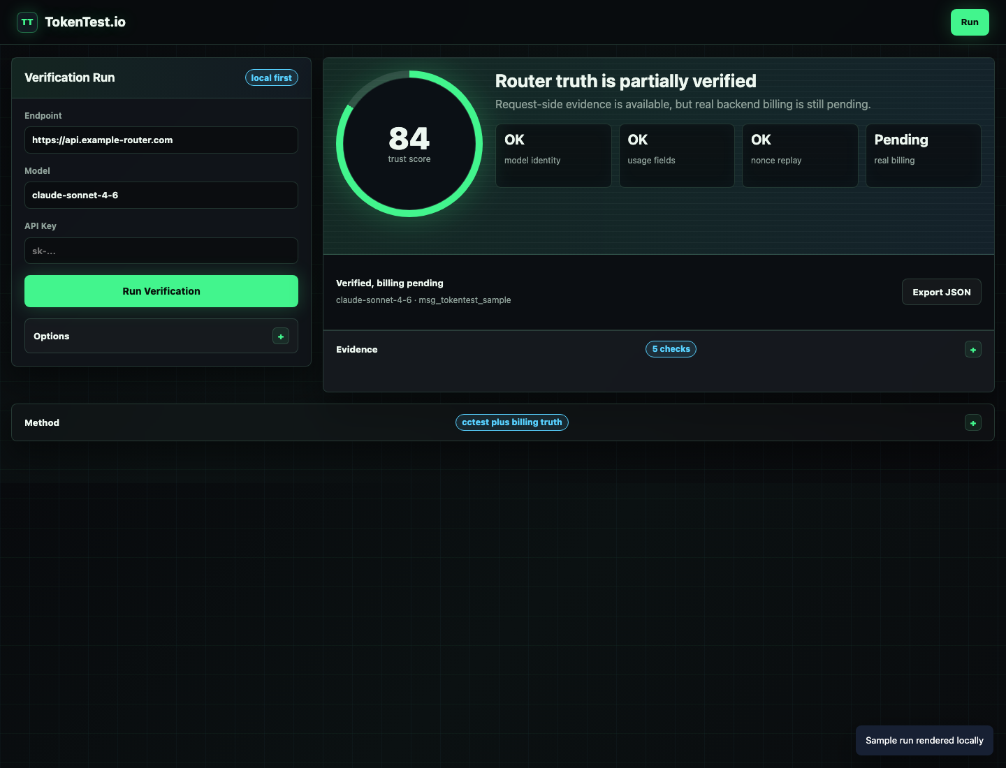 TokenTest evaluation console showing a production-reference report