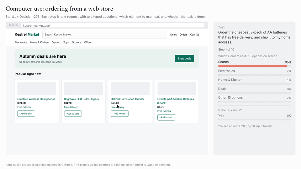 StartLux-Decision-v1-27B orders batteries in a web store