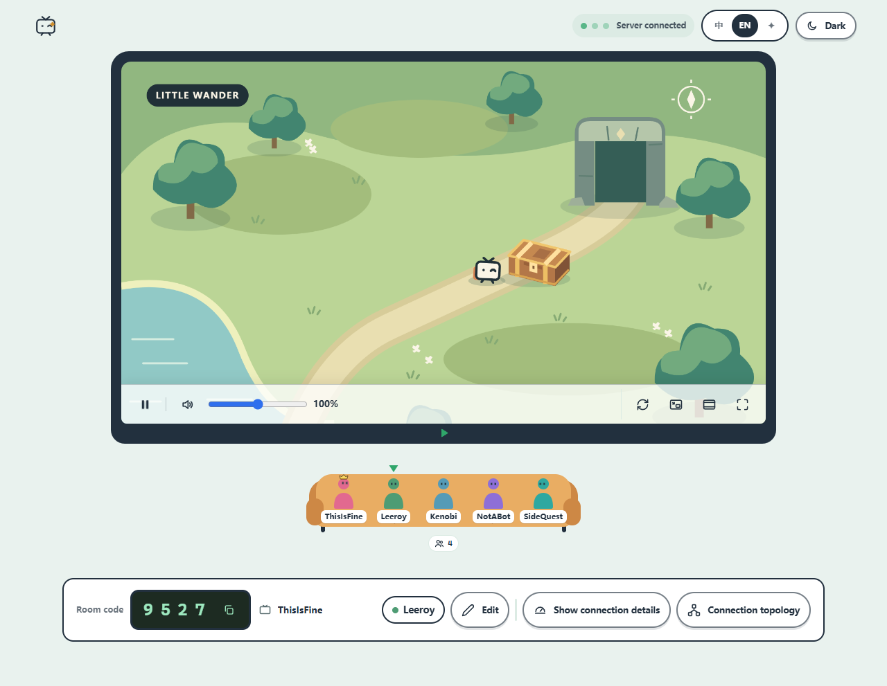 Piik room: a shared game, playback controls and friends on a sofa. The host wears a small gold crown.