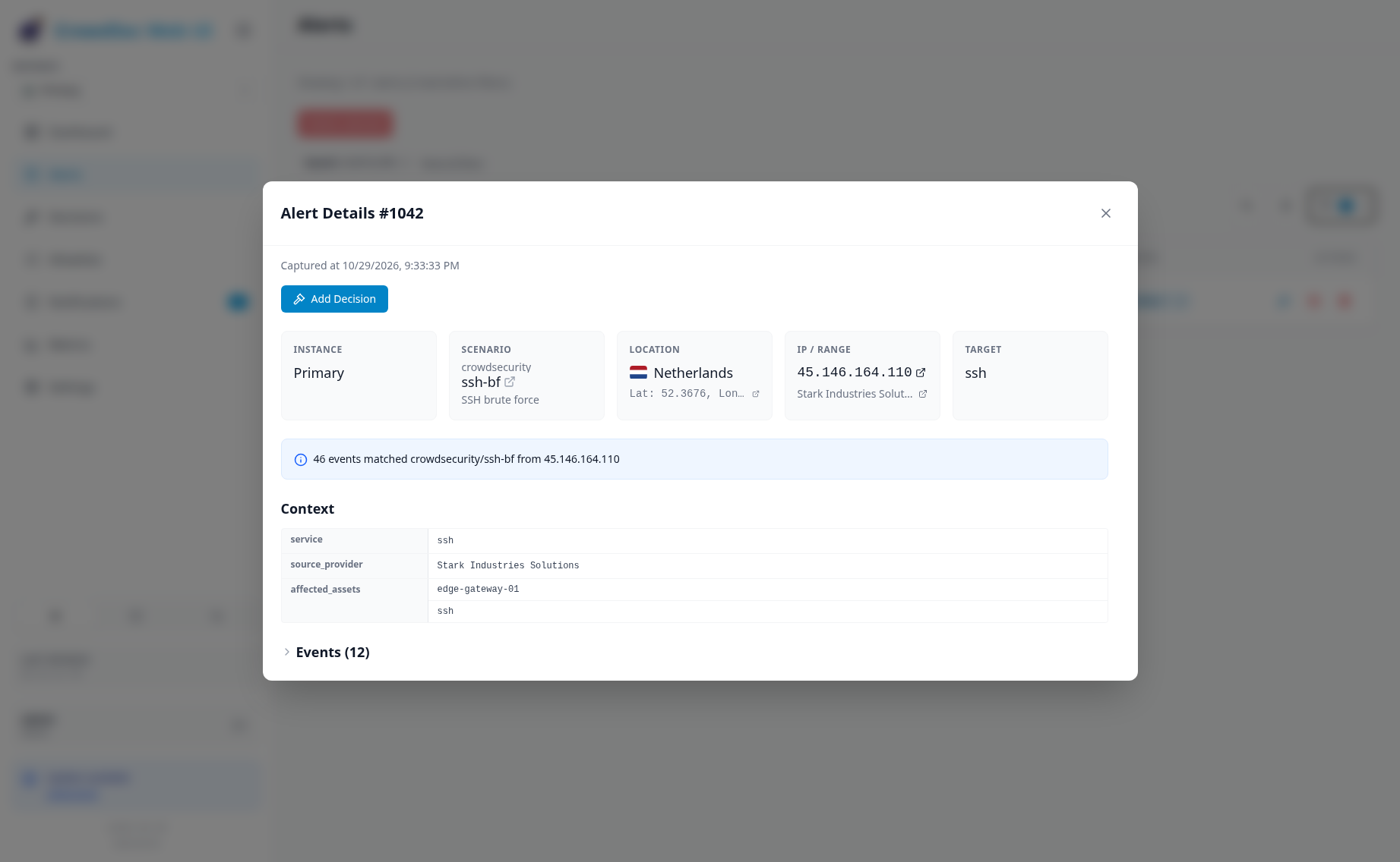 Alert details with CrowdSec context