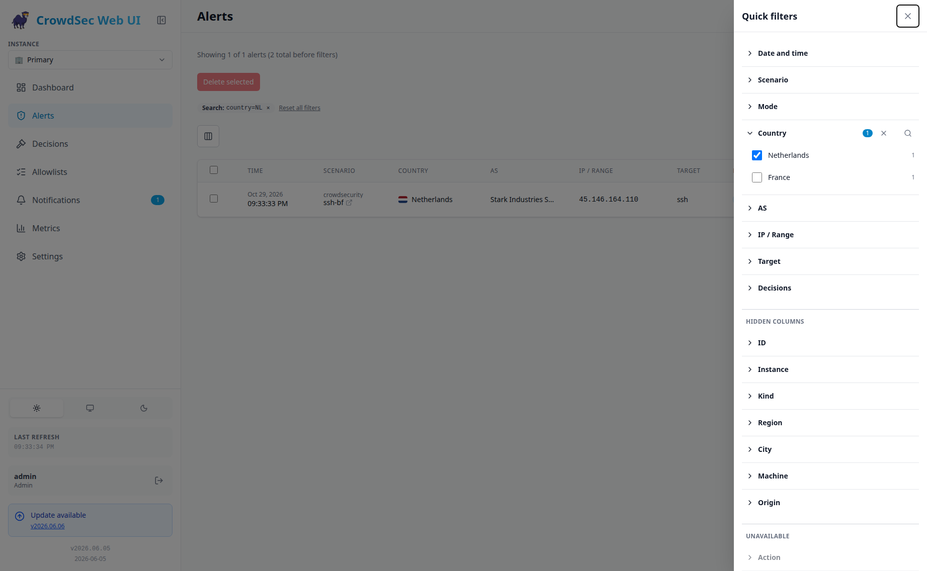 Quick filters applied to alerts