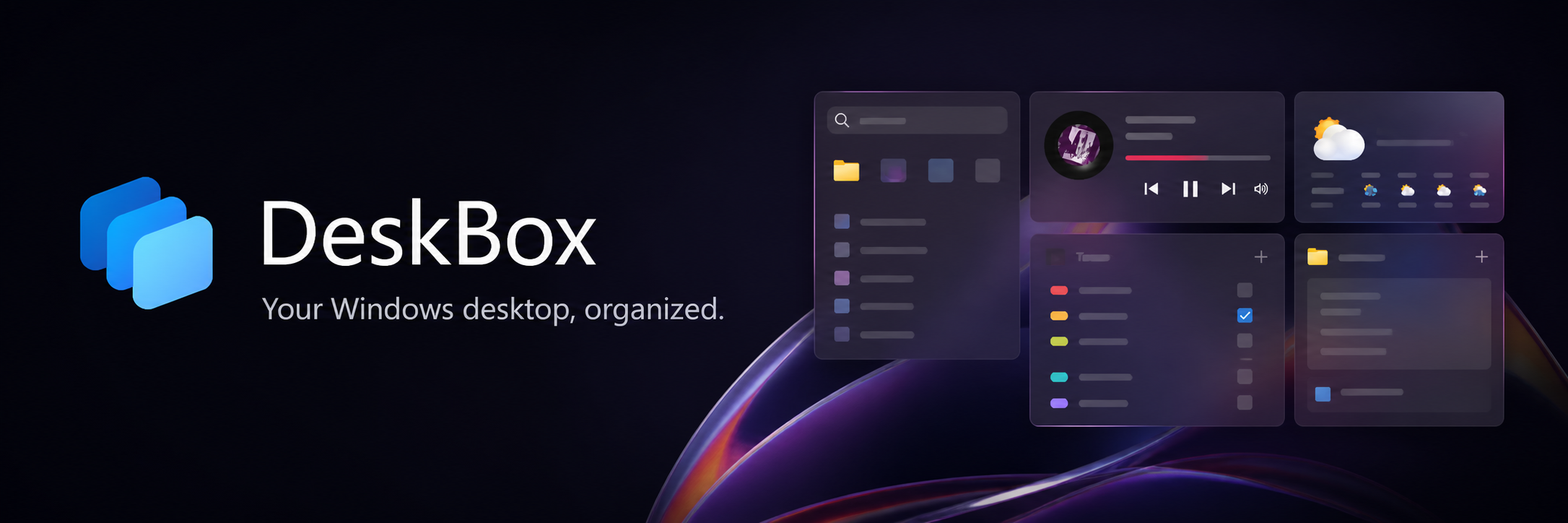 DeskBox Windows desktop organizer with file, todo, search, weather, and music widgets
