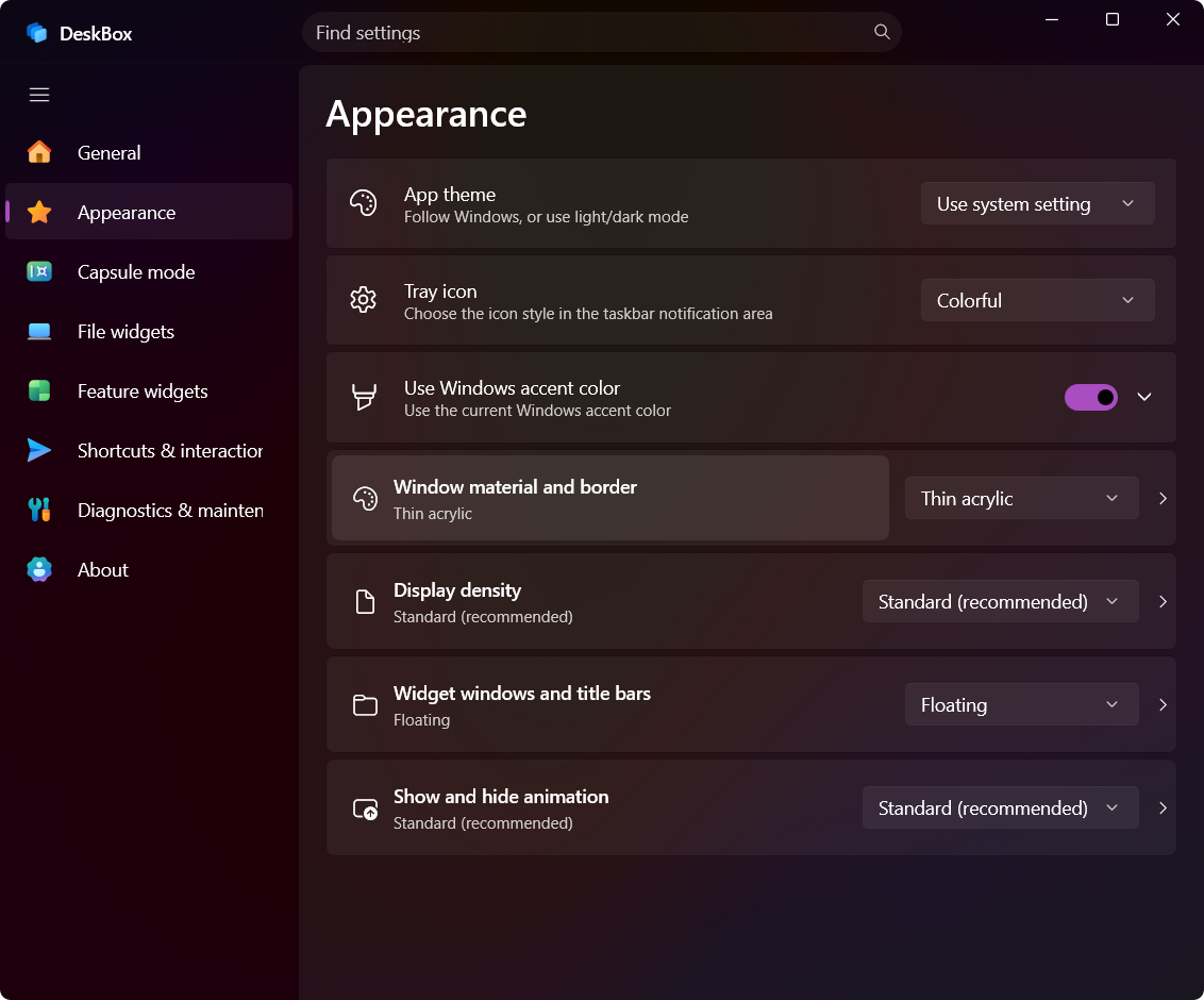 DeskBox Appearance settings in English
