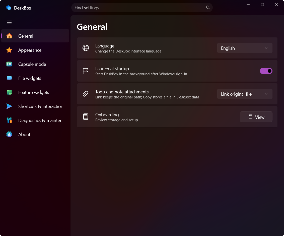DeskBox General settings in English
