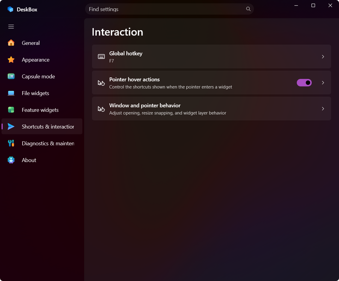 DeskBox Shortcuts and interaction settings in English