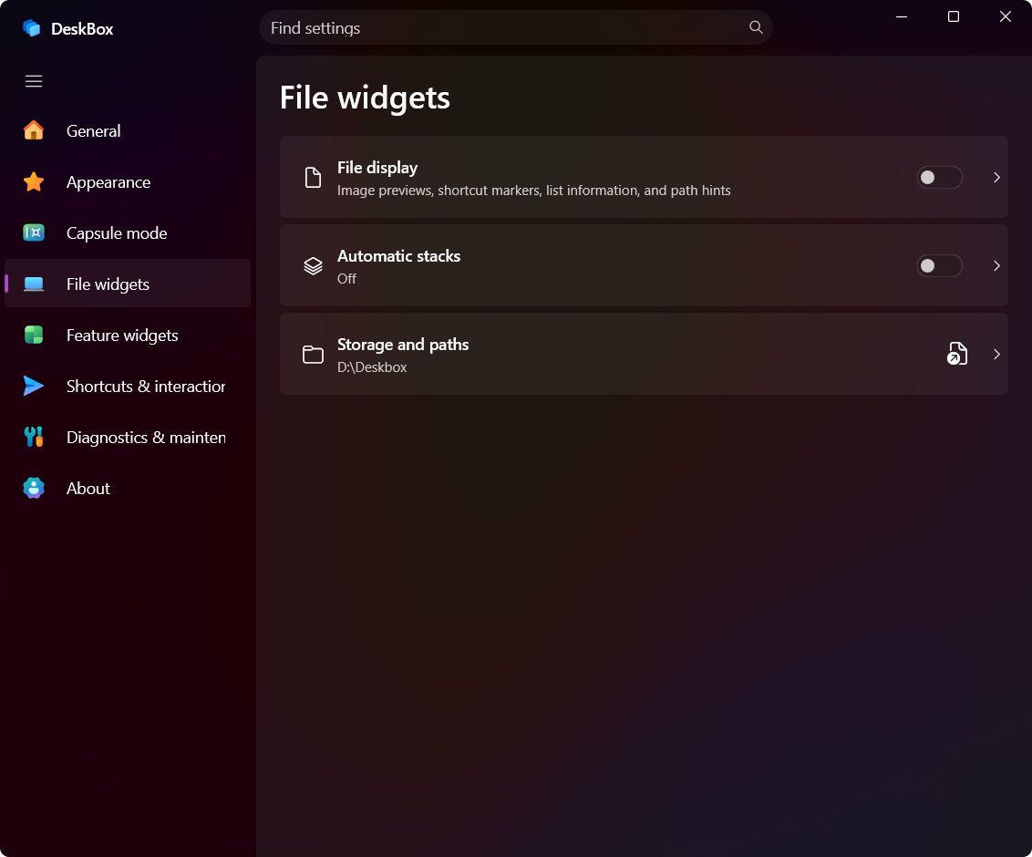 DeskBox File widget settings in English