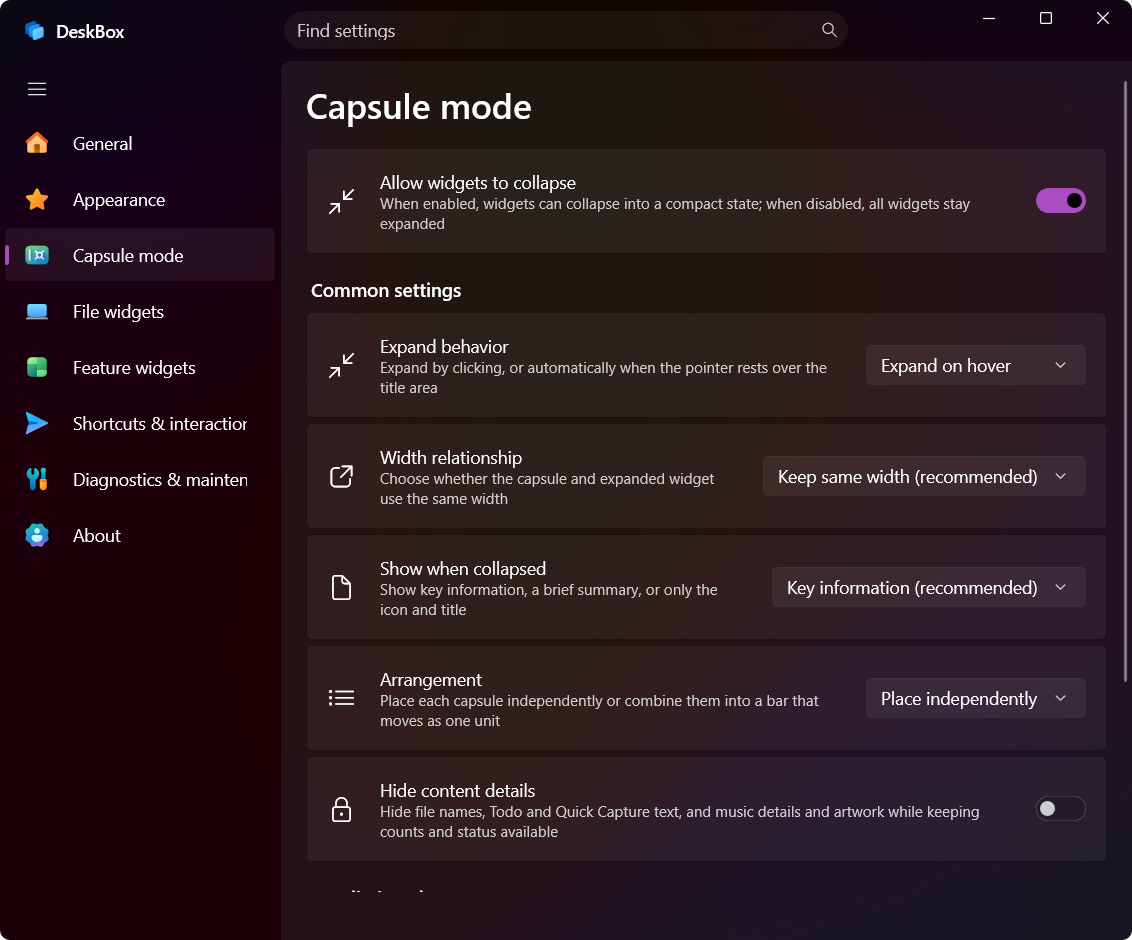 DeskBox Capsule mode settings in English