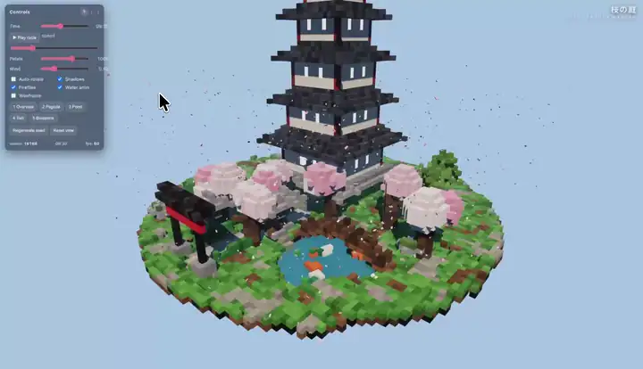 A voxel pagoda garden the model wrote, running in the browser