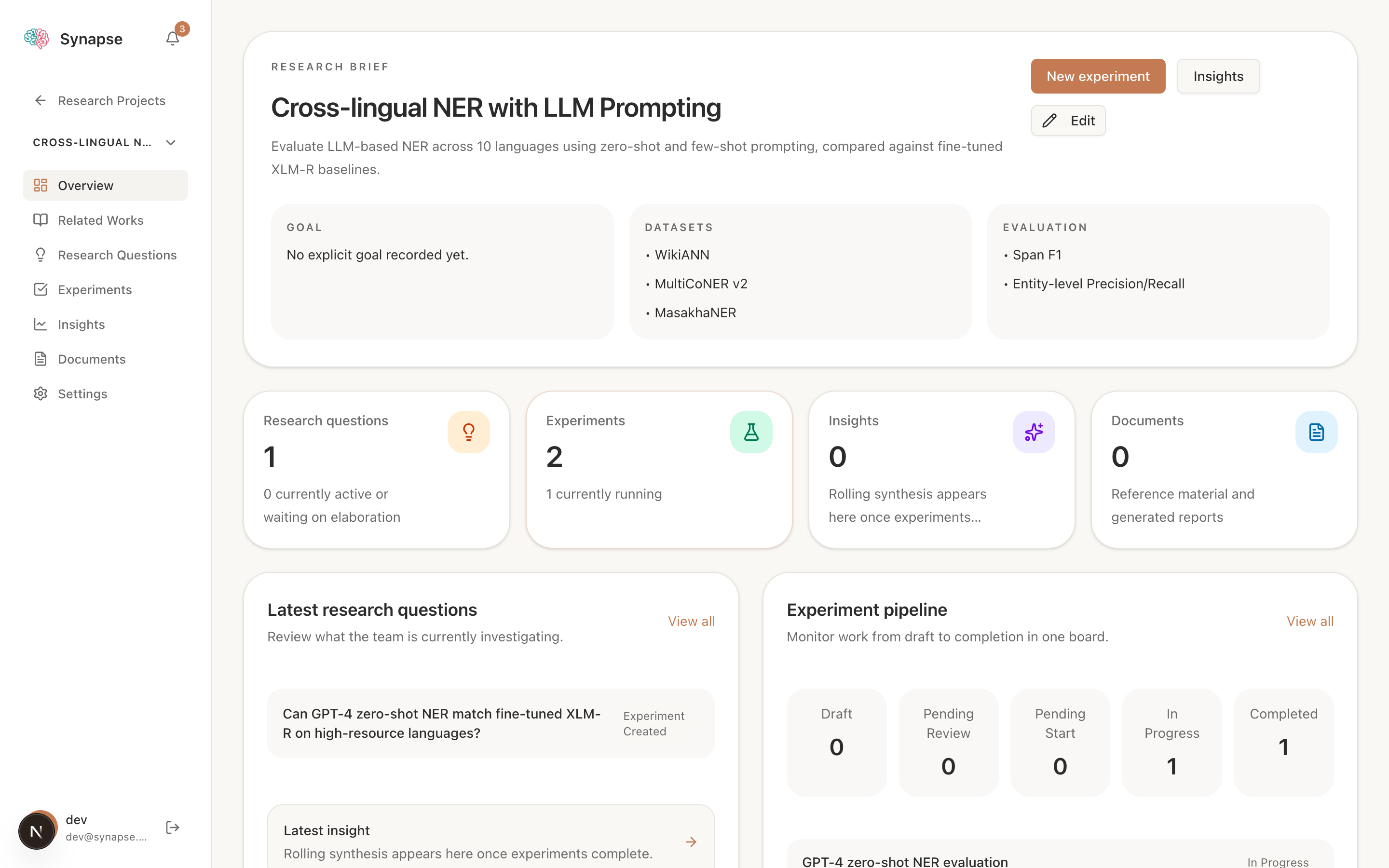 Synapse project dashboard