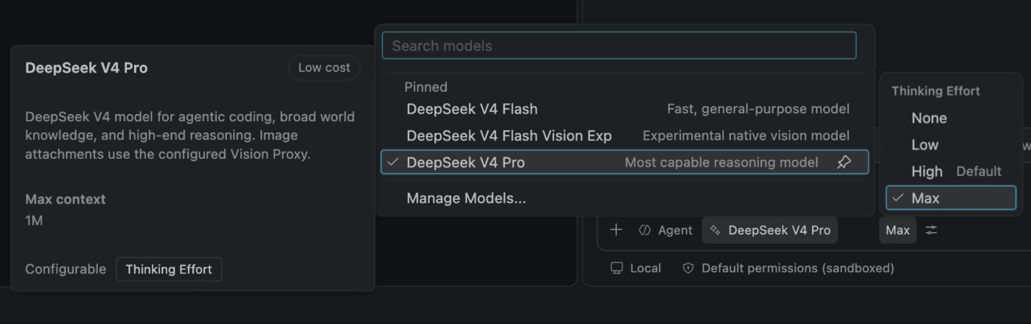 DeepSeek V4 Flash, Flash Vision Exp, and Pro in the Copilot Chat model picker, alongside the Thinking Effort menu