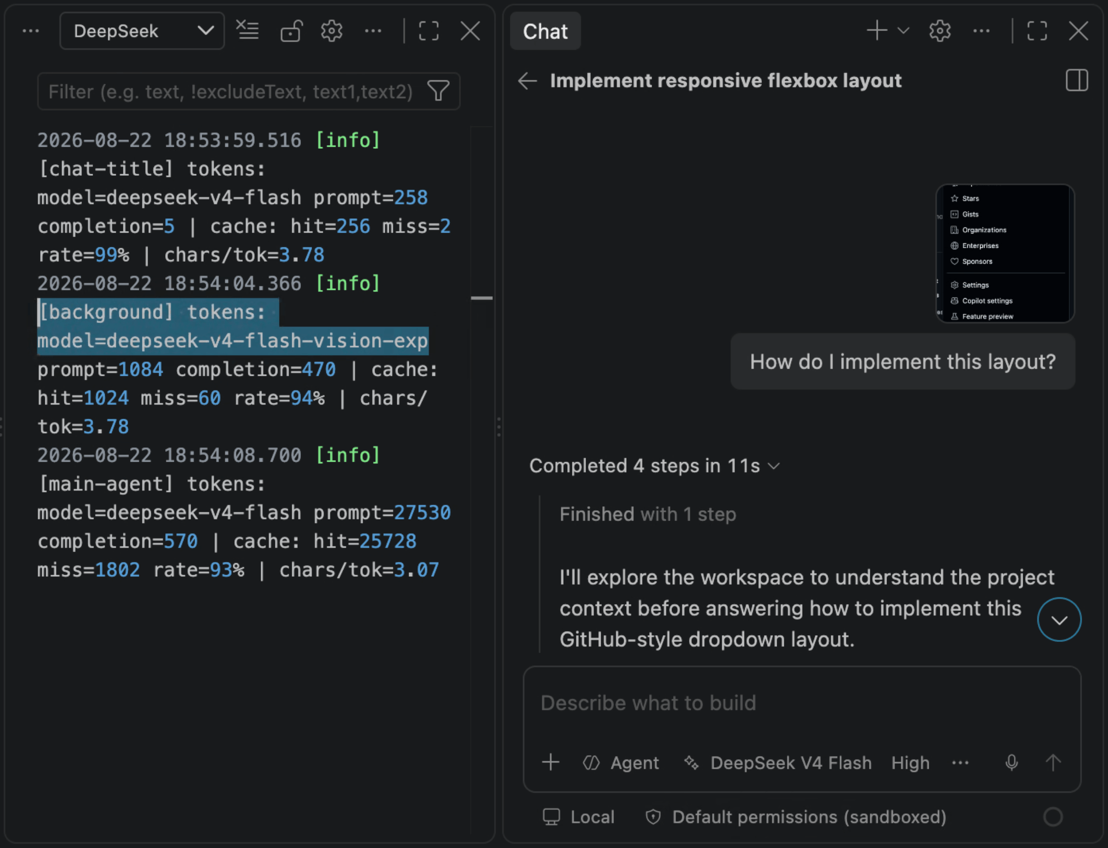 Dropping an image into Copilot Chat and DeepSeek responding to it via the vision proxy