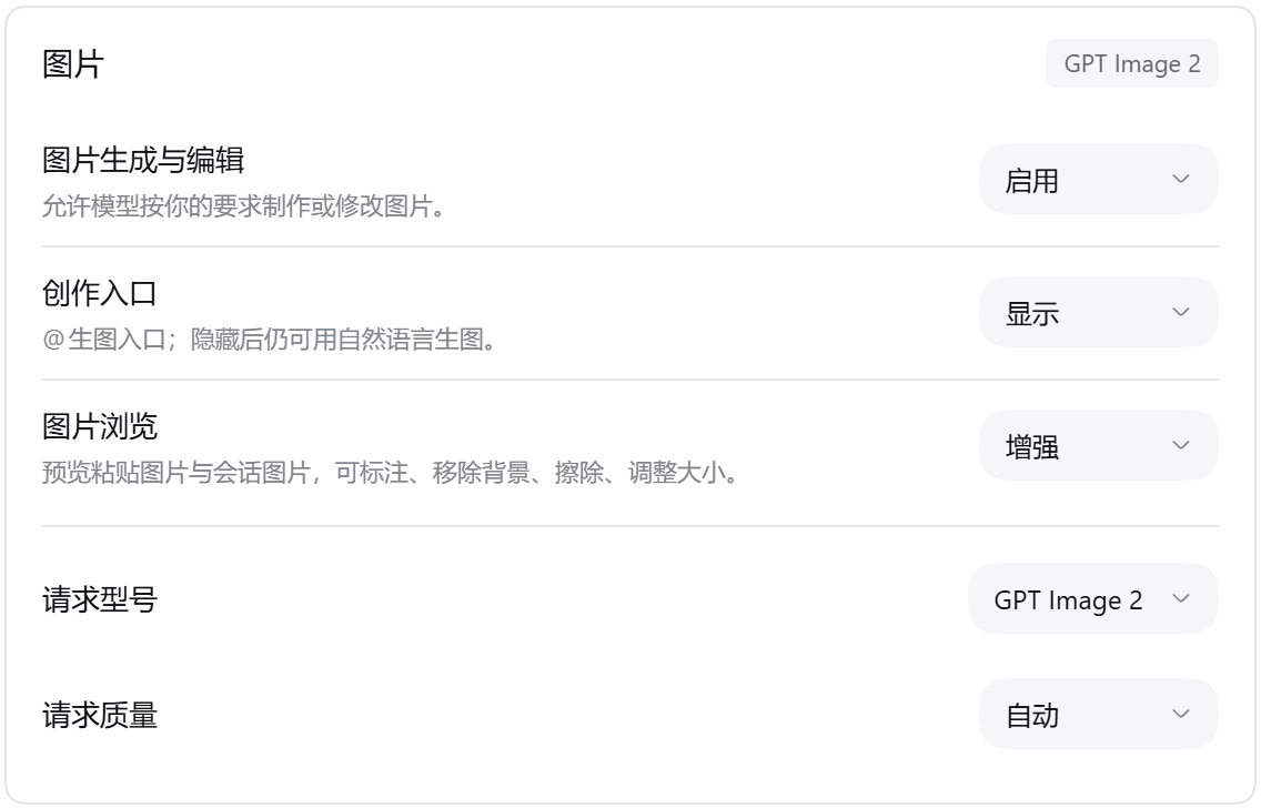 图片与草图设置：图片生成与编辑、创作入口、请求型号与质量