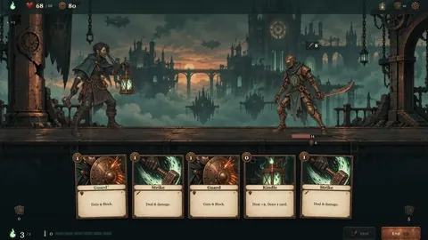 Deckbuilding roguelike made with OhMyGame: playing cards in a gothic battle