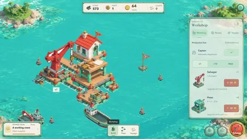 Island builder made with OhMyGame: building a workshop on a floating dock