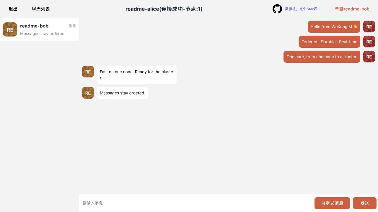 WuKongIM embedded Chat Demo exchanging real-time messages