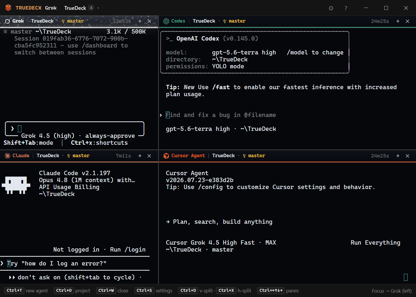 TrueDeck multi-pane studio with Grok, Codex, Claude, and Cursor