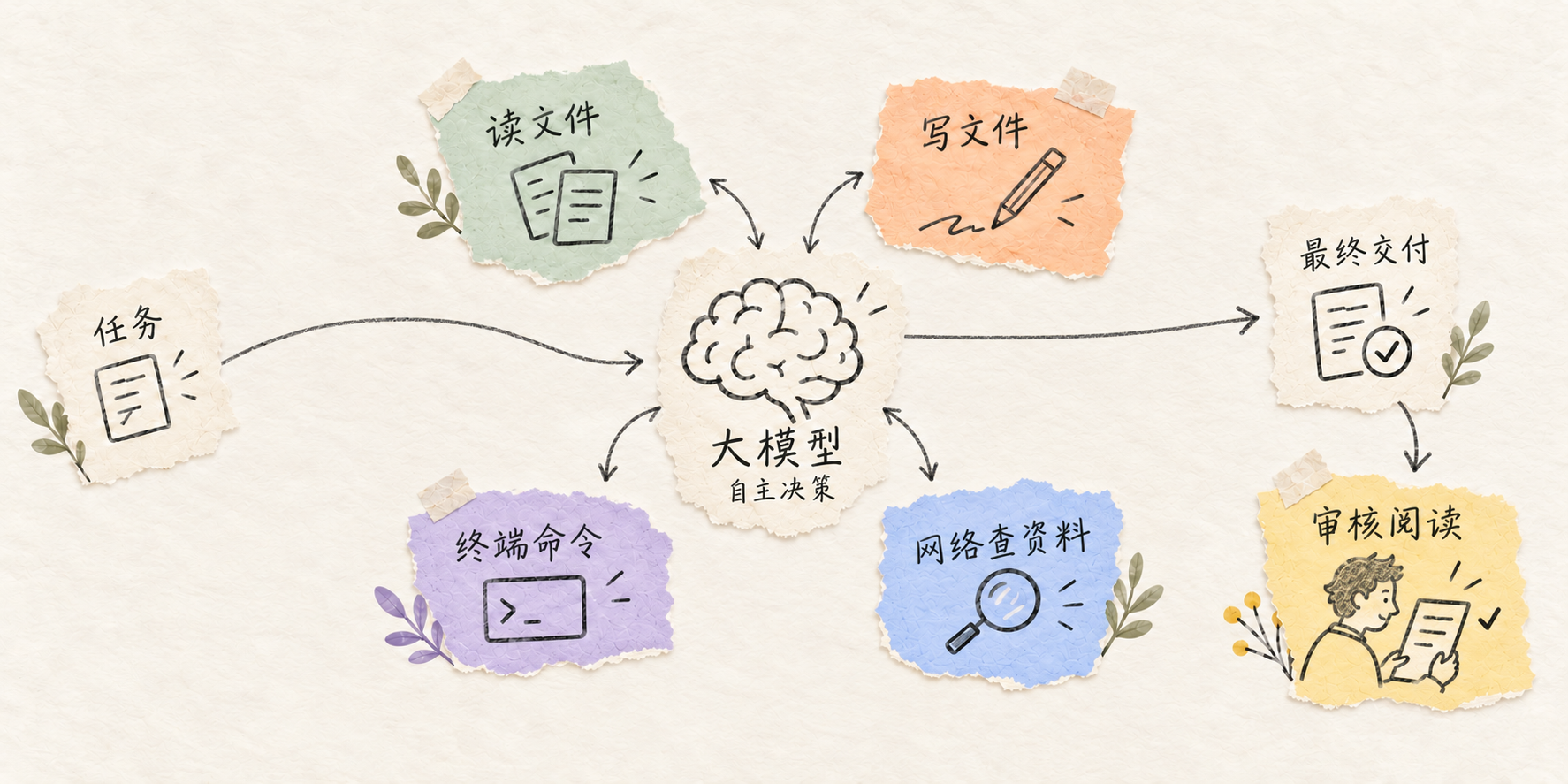 任务交给大模型，由其自主调用文件、网络和终端能力，最终交付后由人审核阅读