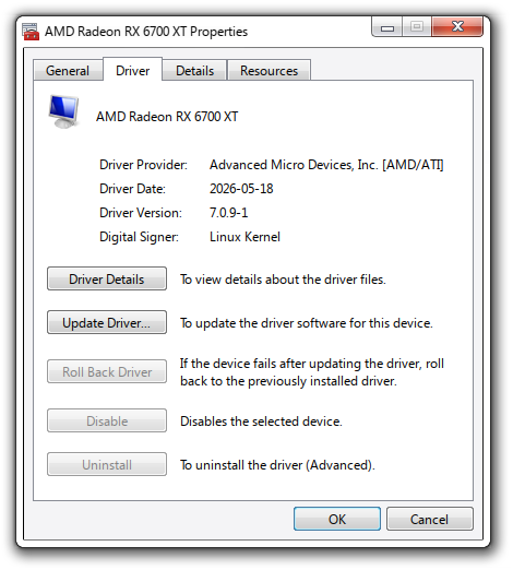 The Driver tab of the Properties window, shwoing the version and date of said GPU driver