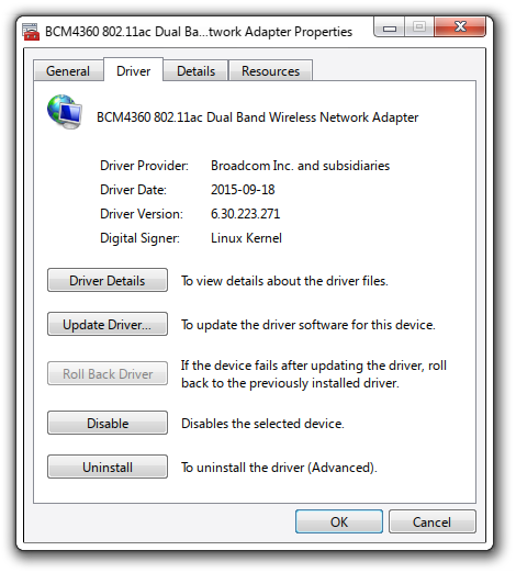 The same Driver tab of the Properties window, but this time showing an older unmaintained driver's date and version.