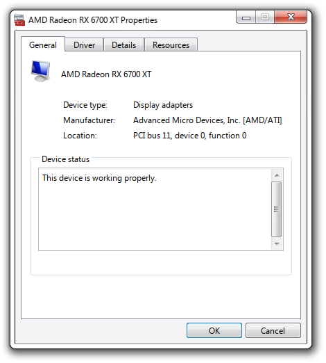 A device properties window open, showing information about an AMD GPU