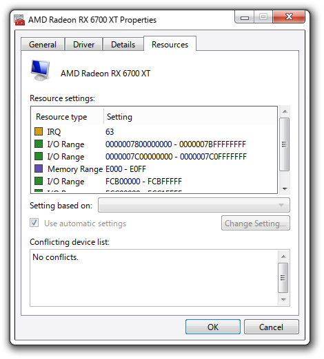 The Resources tab, shwoing a information about a deviecs resources like IRQ and similar.