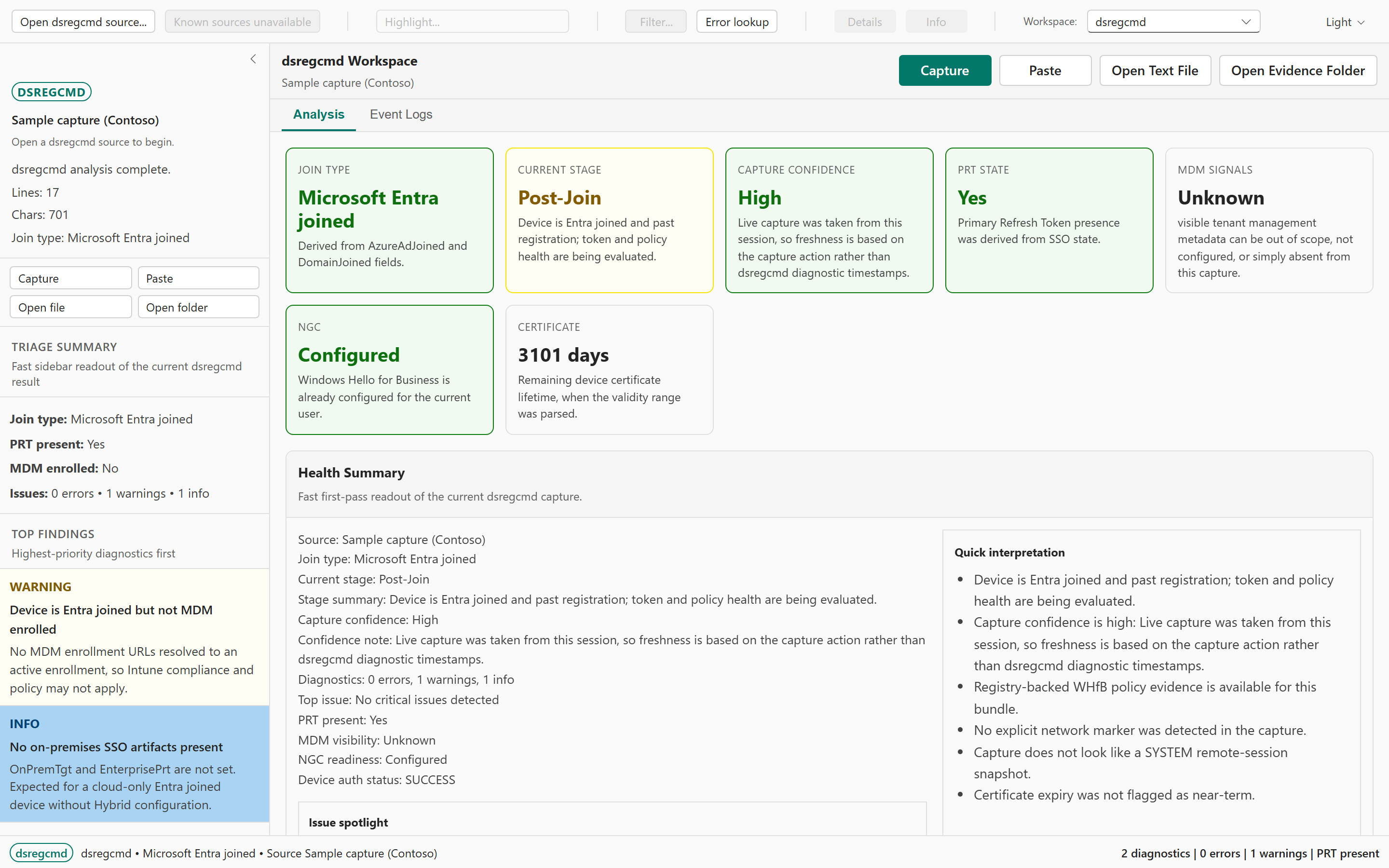 CMTrace Open DSRegCmd workspace showing device join posture stat cards and diagnostic issue cards