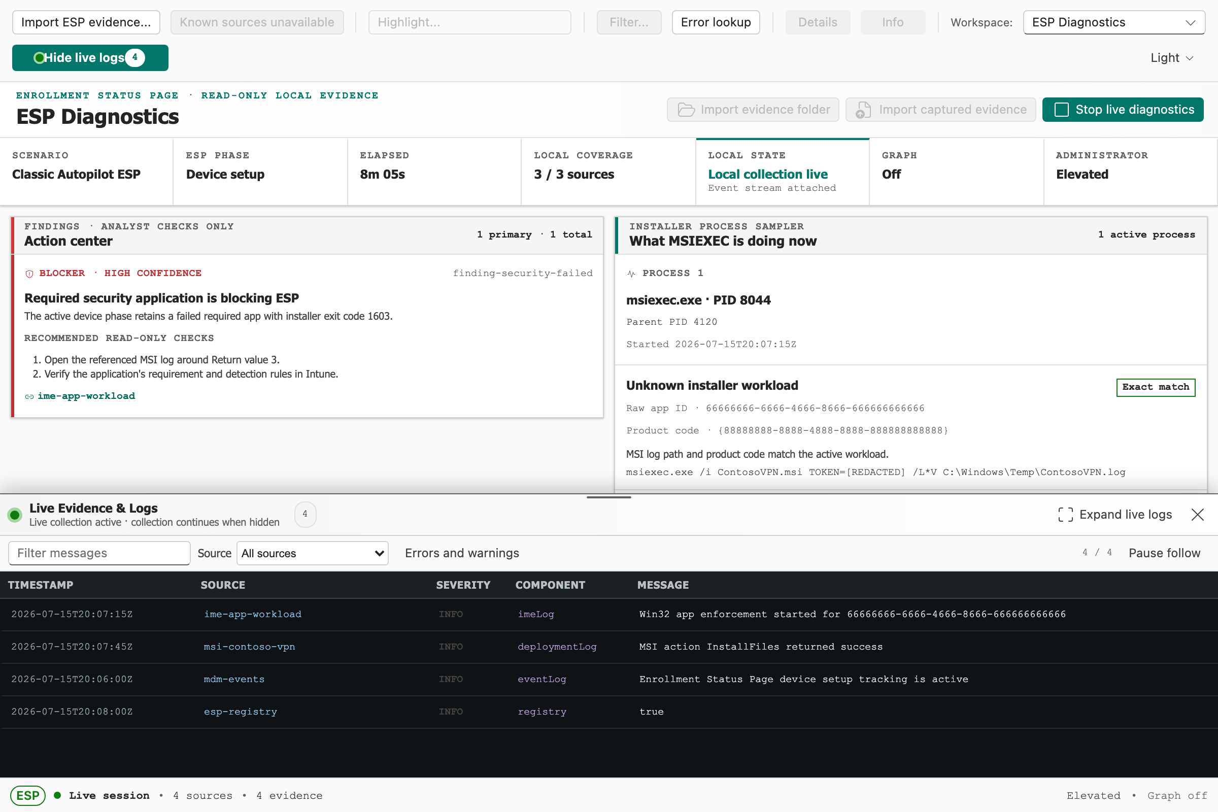 CMTrace Open ESP Diagnostics workspace showing enrollment progress, workload failures, MSIEXEC activity, and docked live evidence