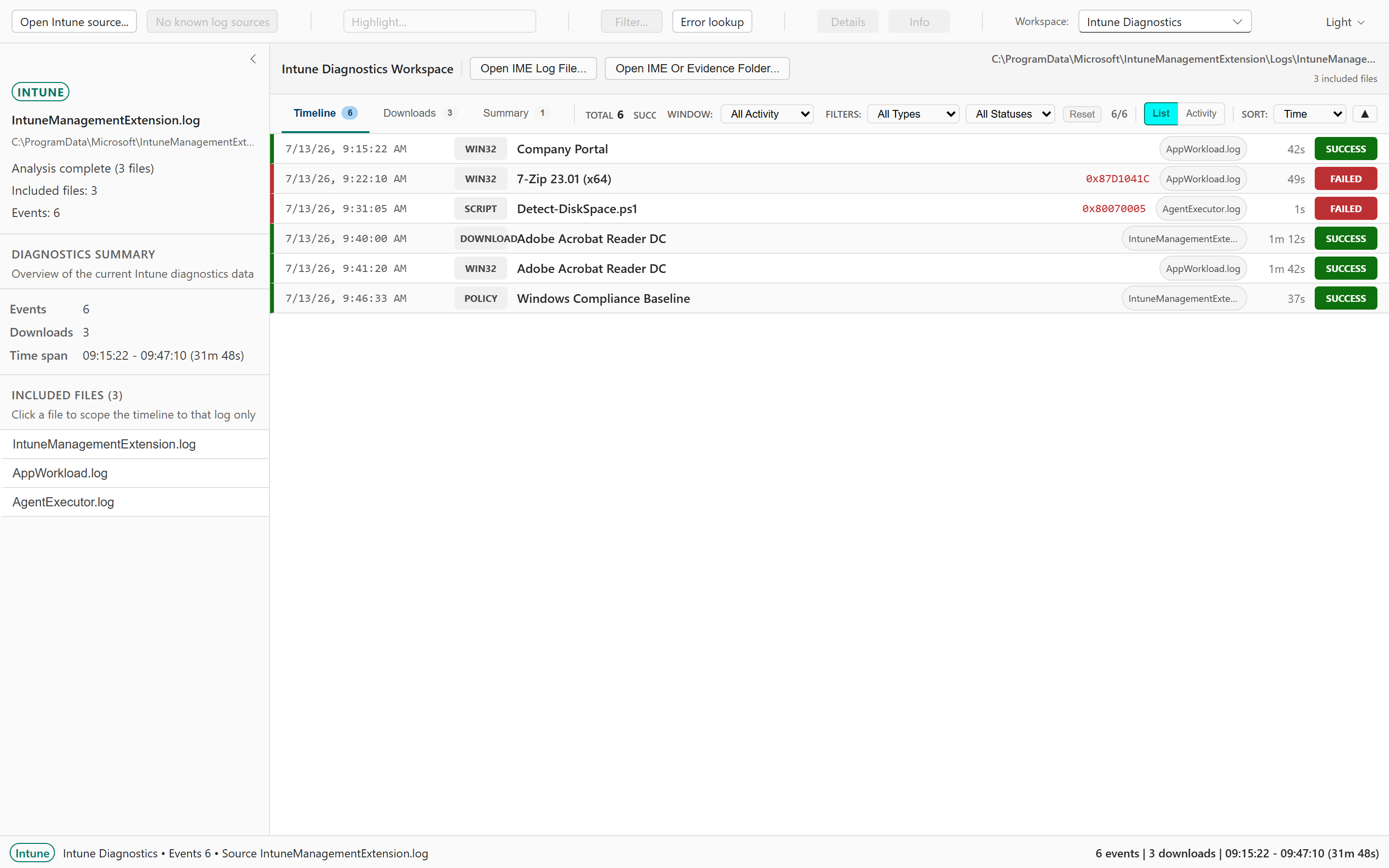 CMTrace Open Intune Diagnostics workspace showing a color-coded IME event timeline with success and failure states