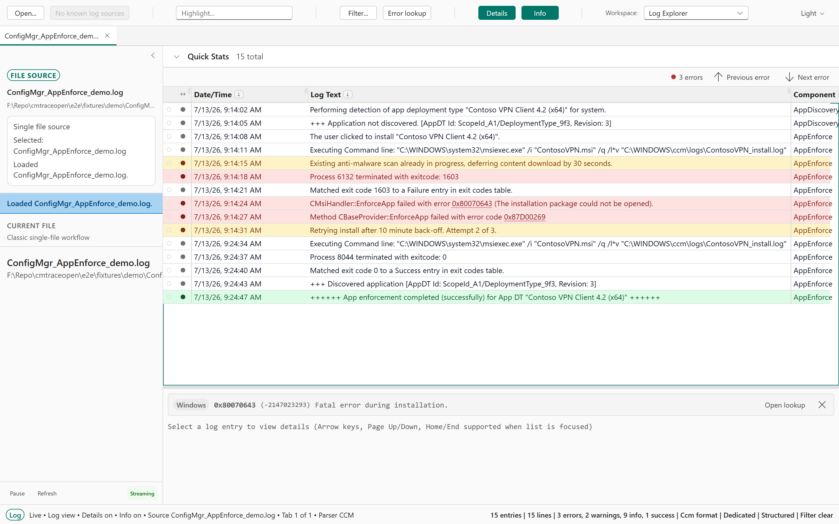 CMTrace Open log viewer showing a ConfigMgr deployment log with color-coded severities and an inline error-code lookup