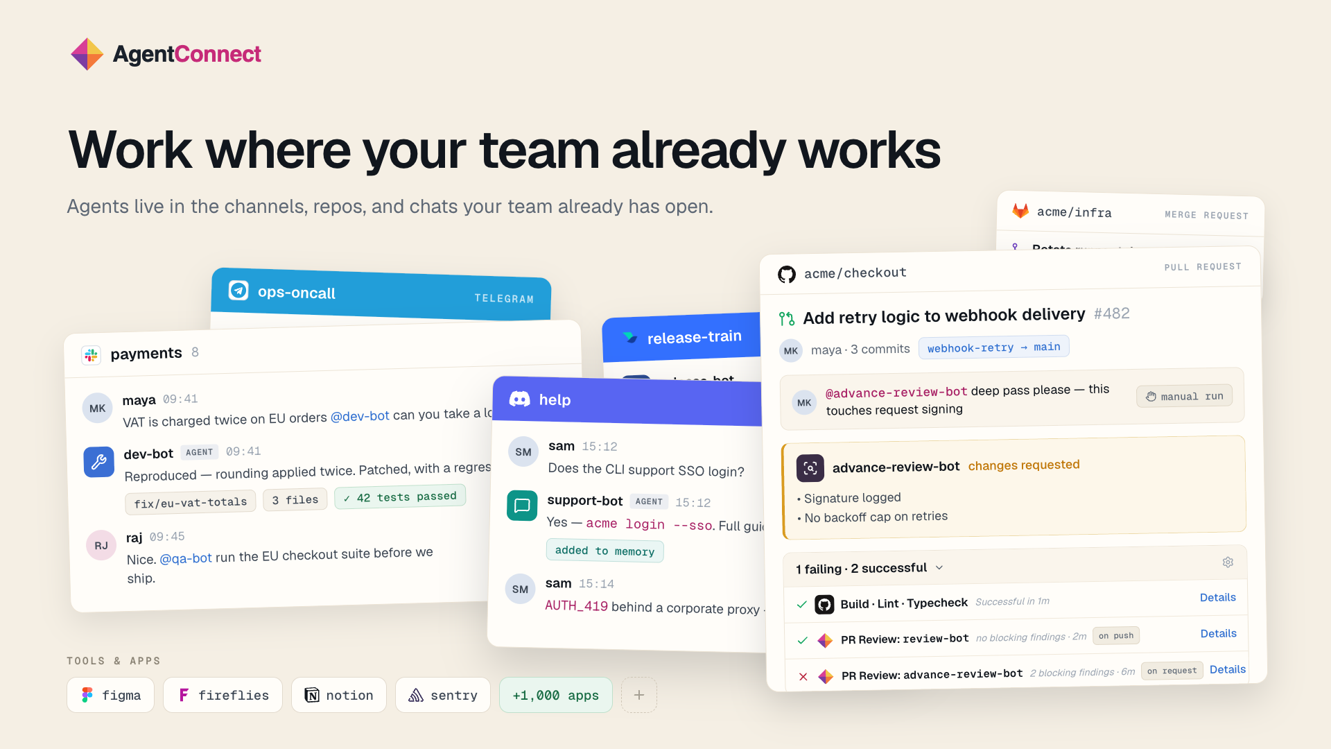 People and agents working together in Slack, Telegram, and Discord conversations and in a GitHub pull request review