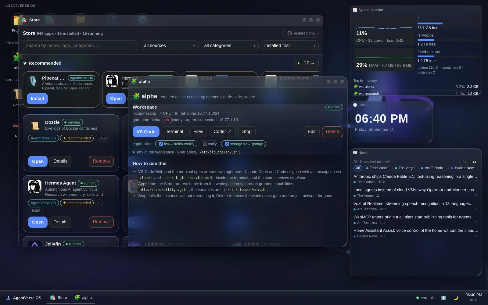 Desktop: Store, the alpha project card with its workspace and capabilities, monitor and news widgets