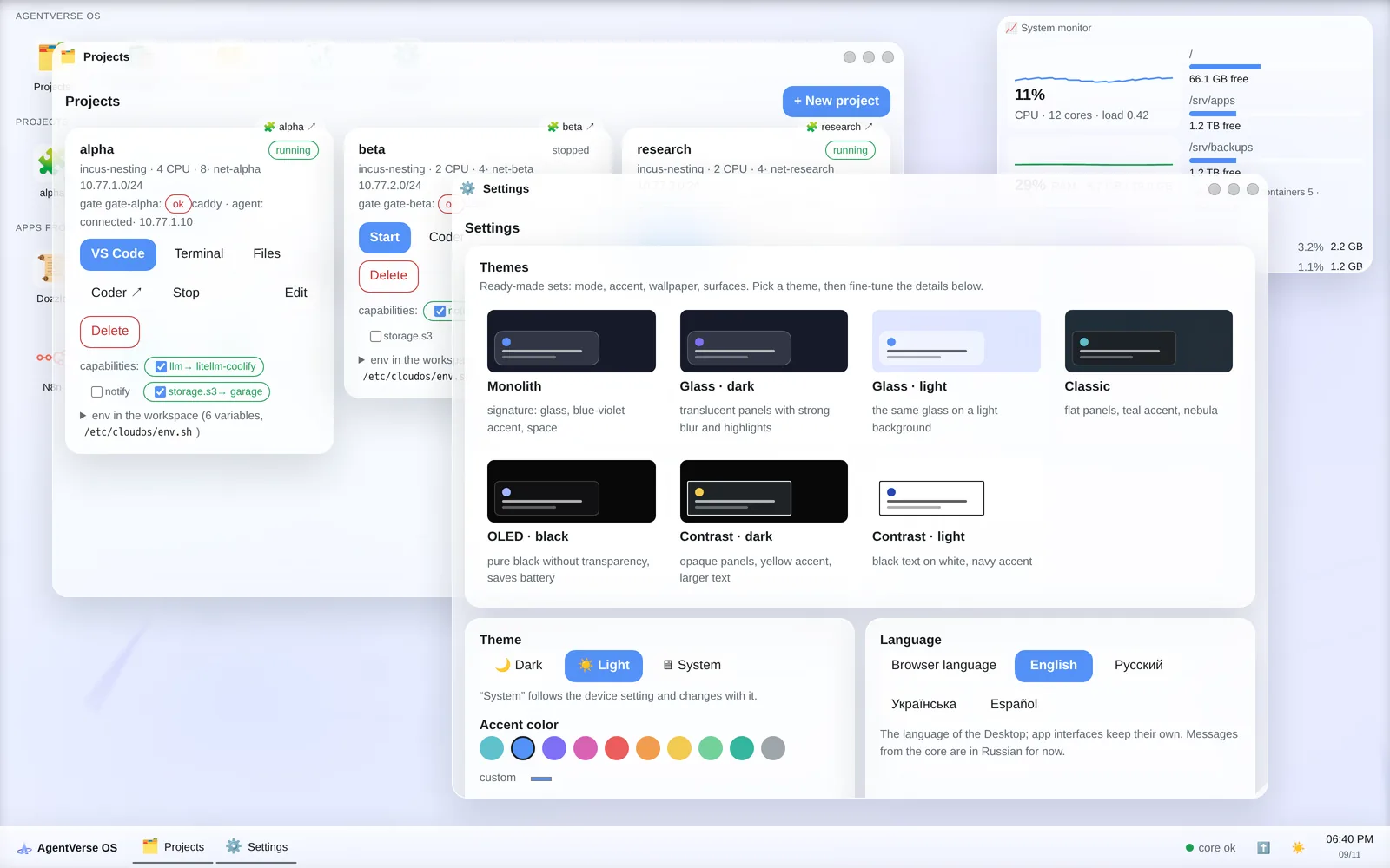 Light theme: Projects window and Settings with theme presets