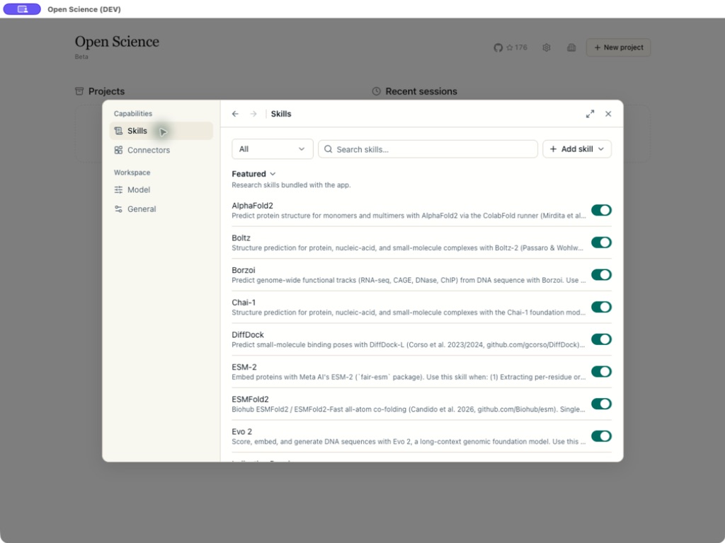 Open Science settings showing featured scientific skills