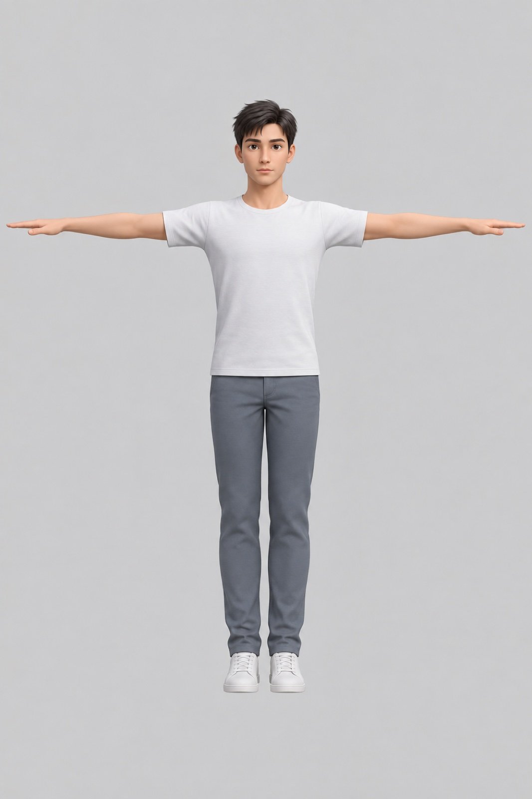 一个双臂水平张开的男性角色 T-Pose 参考图，纯灰背景