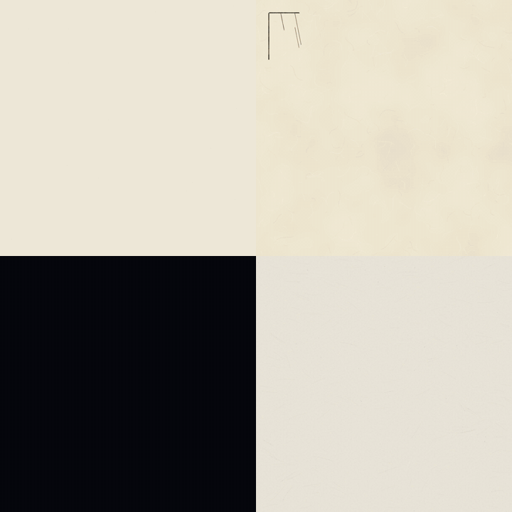 Four pictures drawing themselves at once: a coloured-pencil robot at a workbench, a woodblock print of herons on a bridge in the rain, a pixel-art cat leaping for fireflies, and sumi-e bamboo with a sparrow