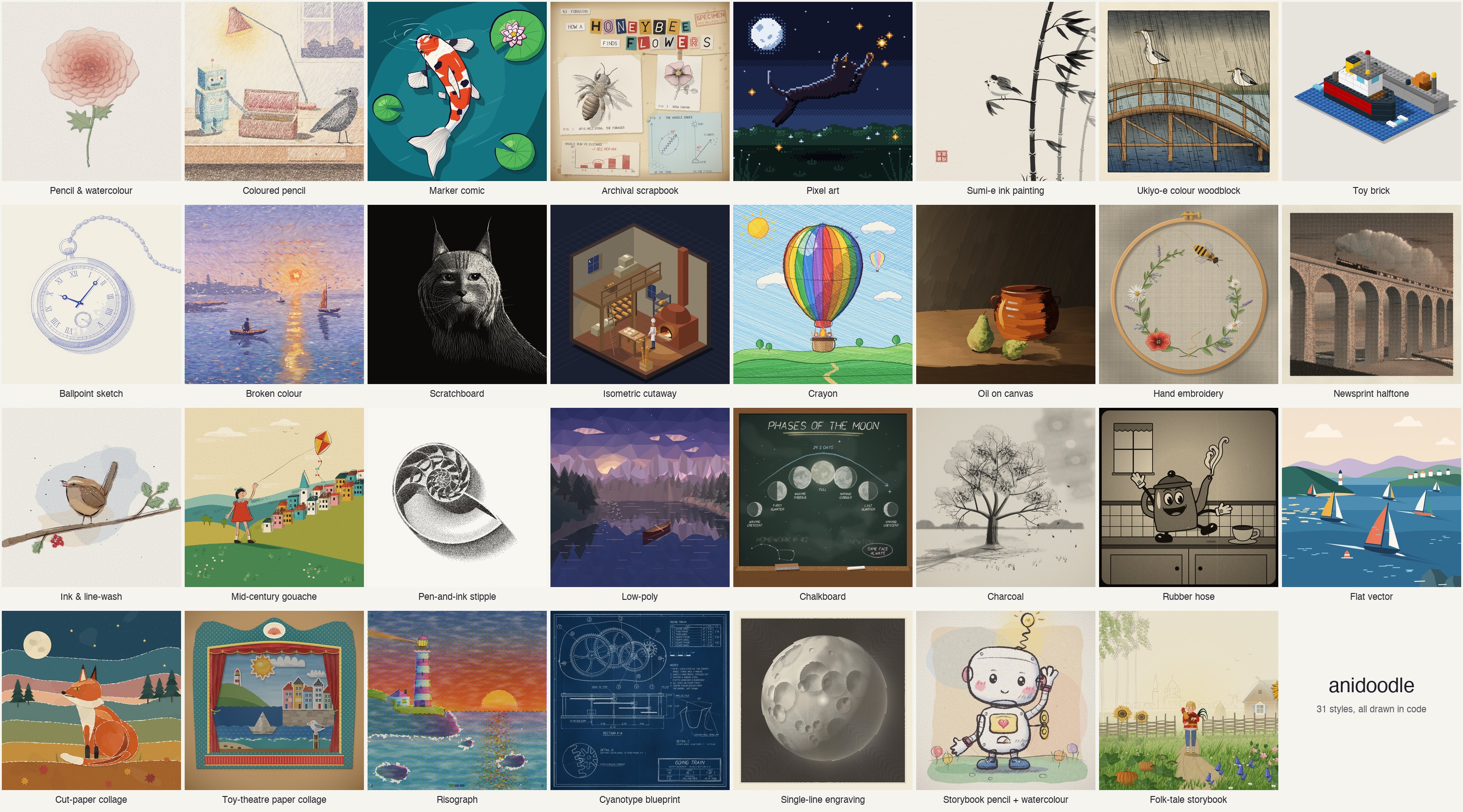 31 illustrations, each in its own style, from pencil and watercolour, marker comic and risograph to pixel art, toy brick, woodcut, sumi-e, scratchboard, embroidery, painted oil and a folk-tale storybook