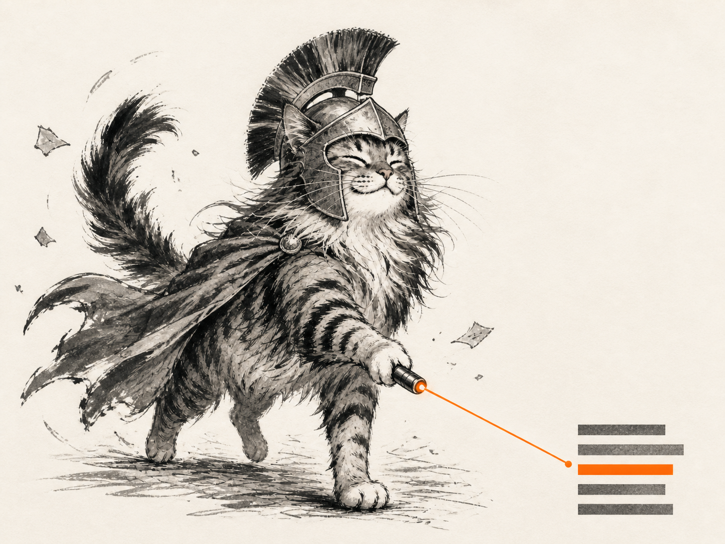 A cat in a Spartan helmet aims its laser at one lit line