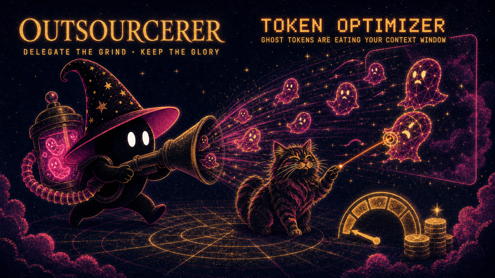 The Outsourcerer wizard and the Attention Span cat vacuuming up ghost tokens with Token Optimizer