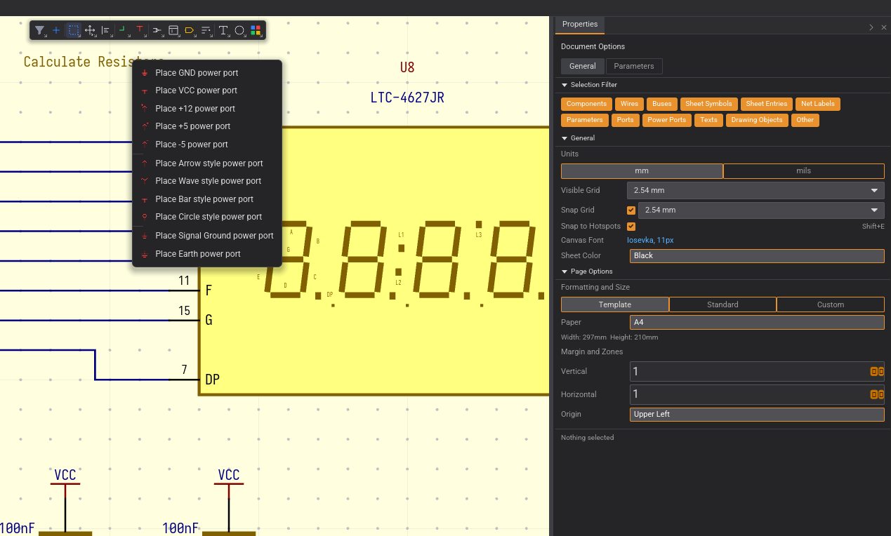 Active Bar with power port dropdown and Properties panel