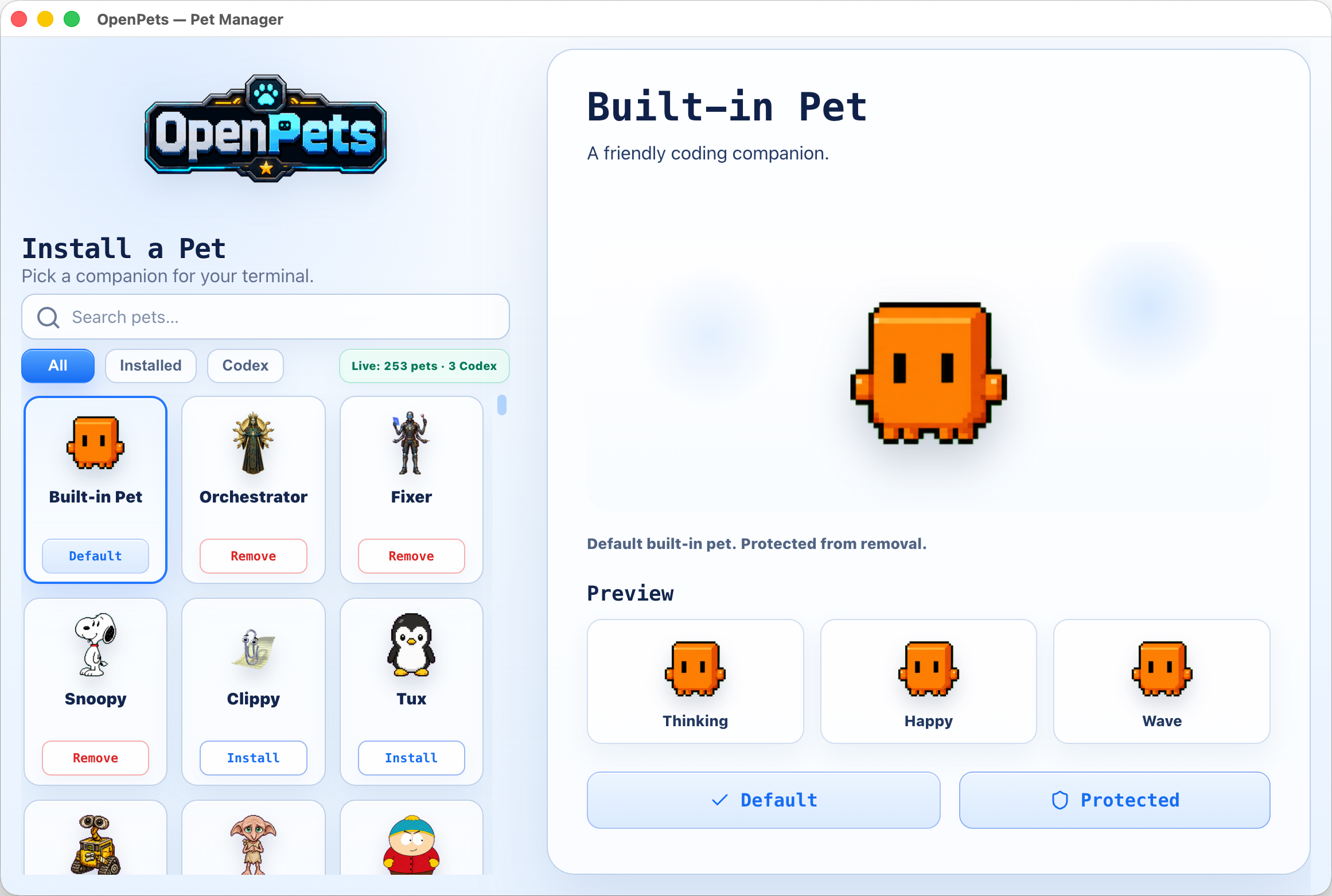 Managing pets in the OpenPets desktop app