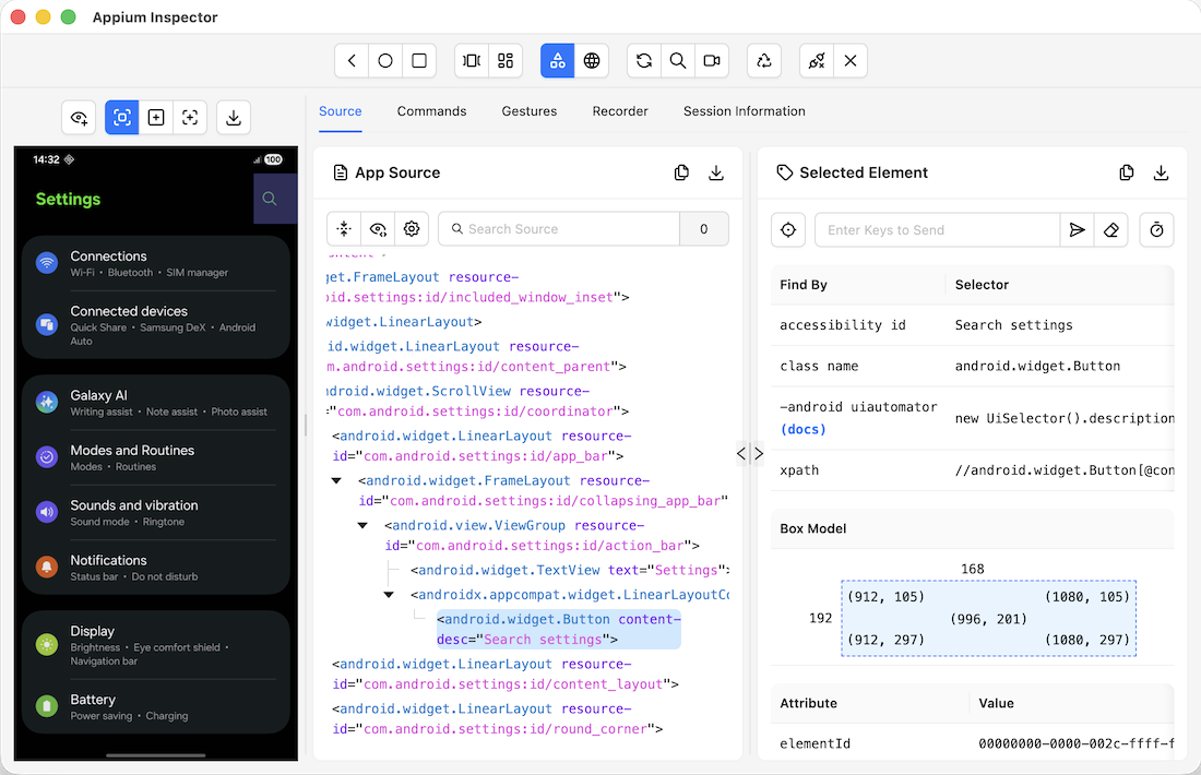 Appium Inspector screenshot