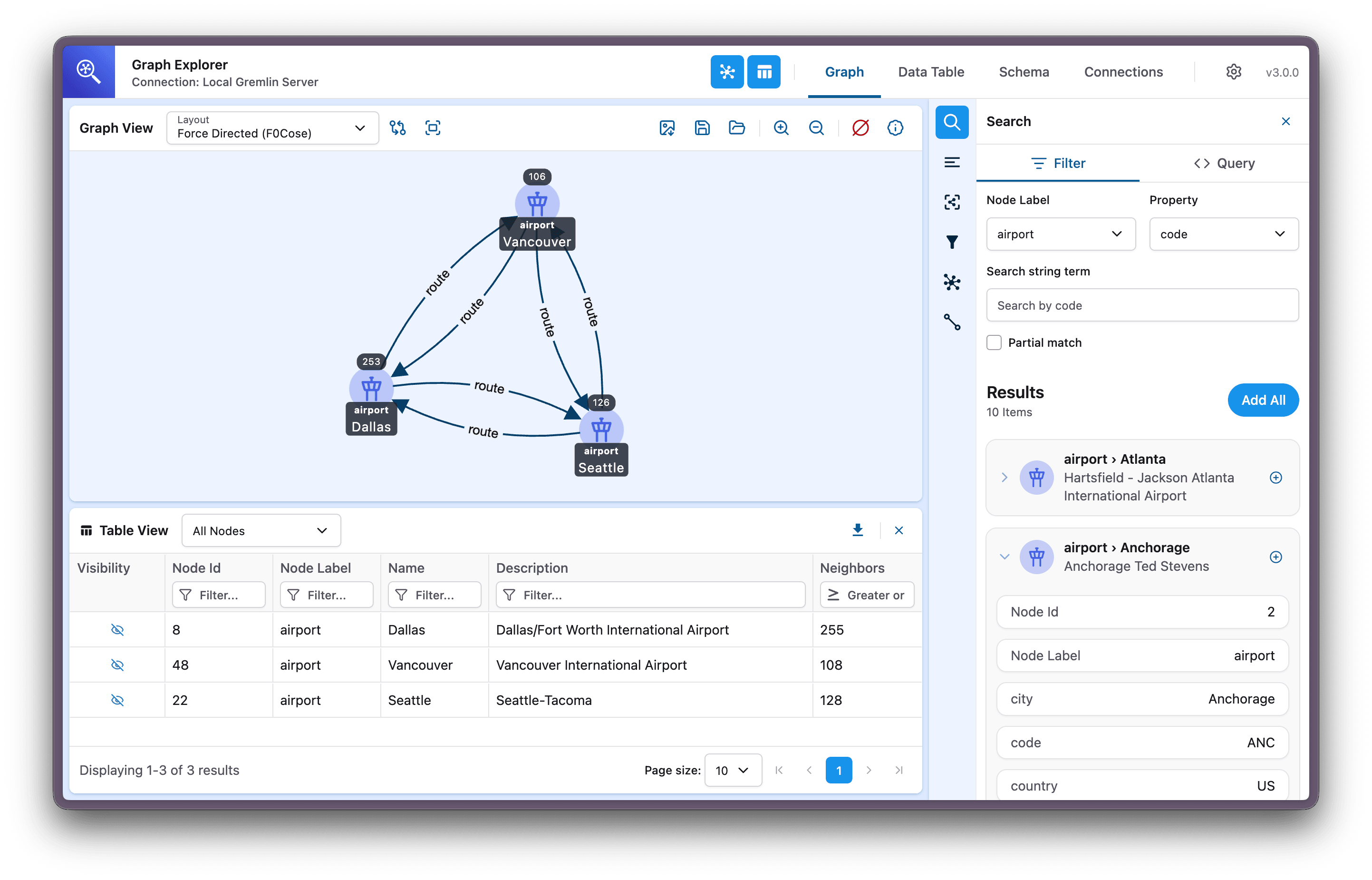 Graph Explorer showing an interactive visualization of airport routes with search, table view, and node details