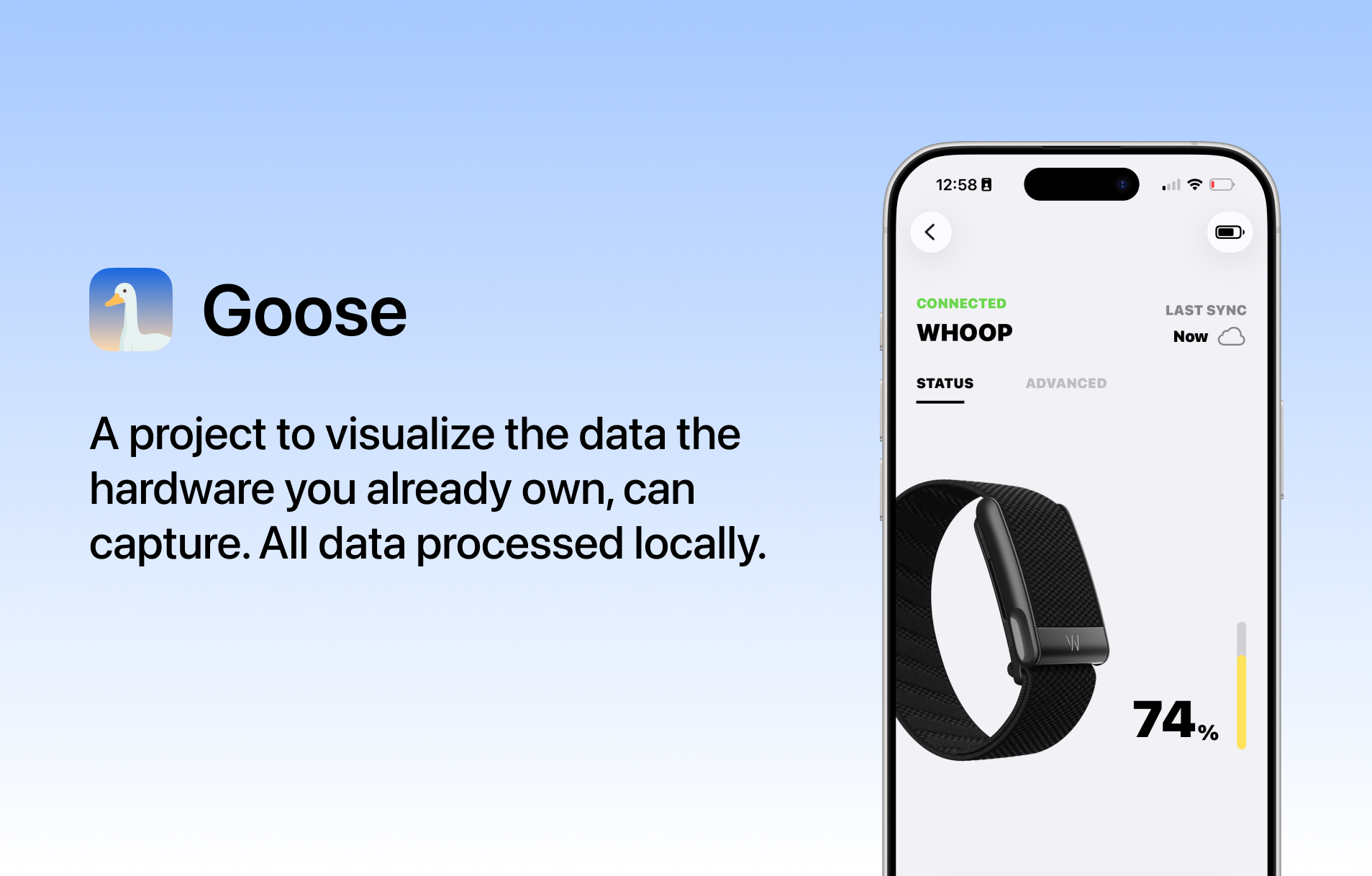 Goose app hero showing a connected WHOOP 5.0 device