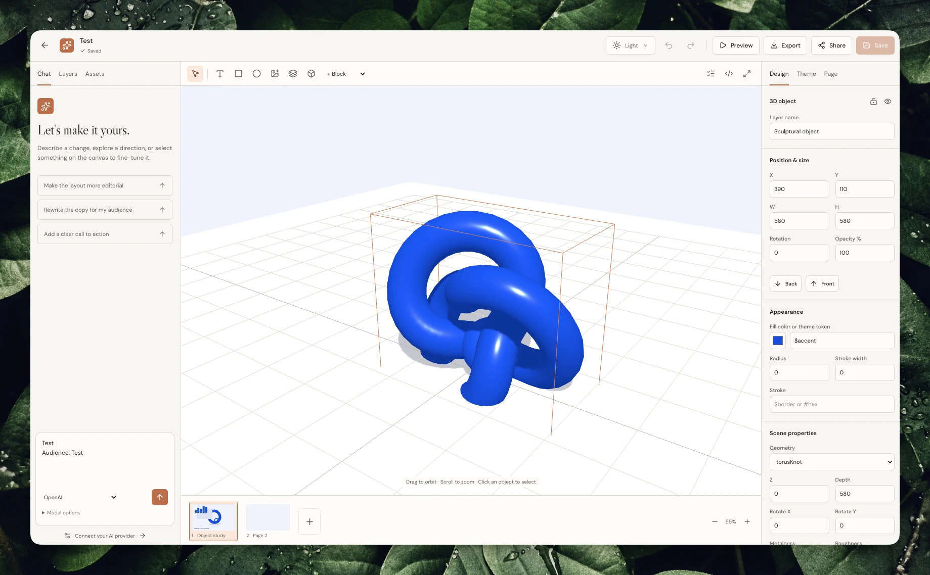 3D editor showing a selected blue sculptural object with scene and material controls